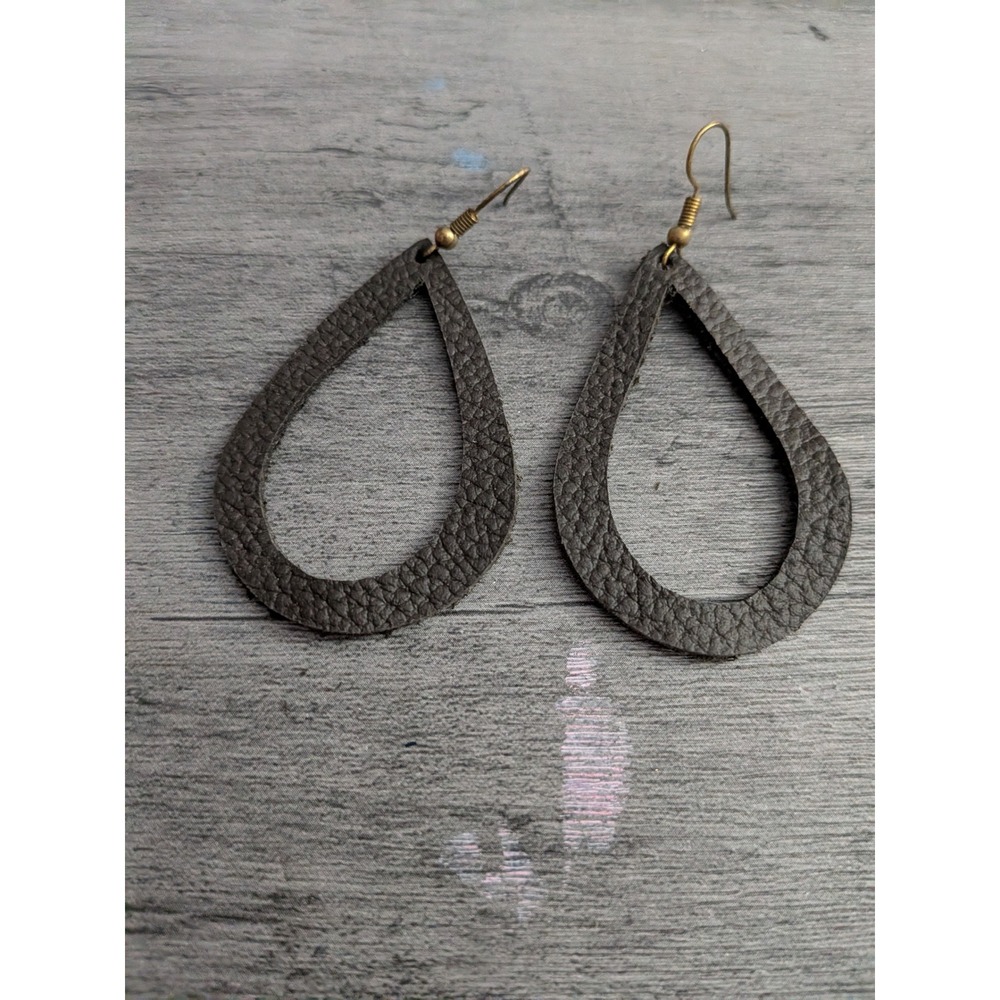 Dark Brown Pebbled Leather Teardrop Earrings Boho Open Frame Dangle Hook
